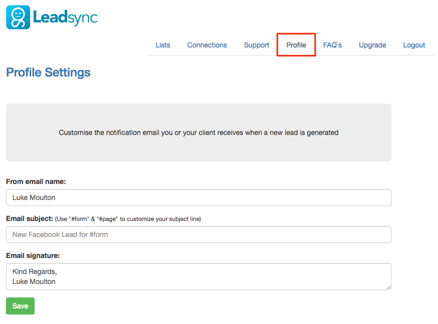 Customize LeadSync Email settings