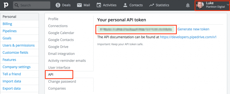 Pipedrive API keys