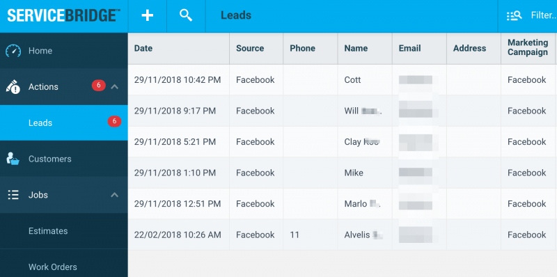 Service Bridge Actions Leads Section