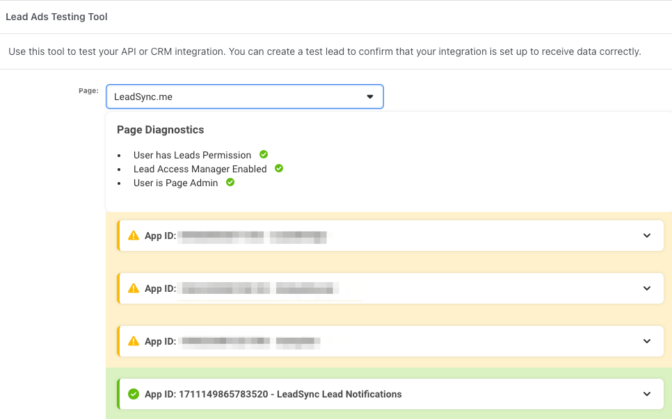 Facebook lead ads testing tool permissions