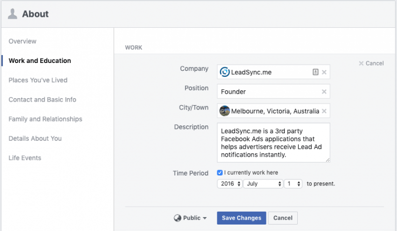 Facebook work and education profile