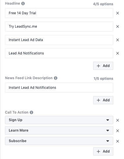 Facebook Dynamic ad options