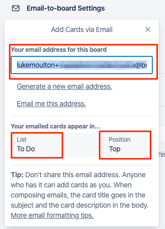 Trello board email address and settings
