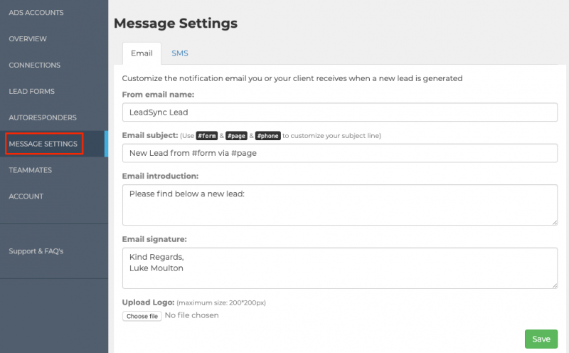 LeadSync Email Notification Settings