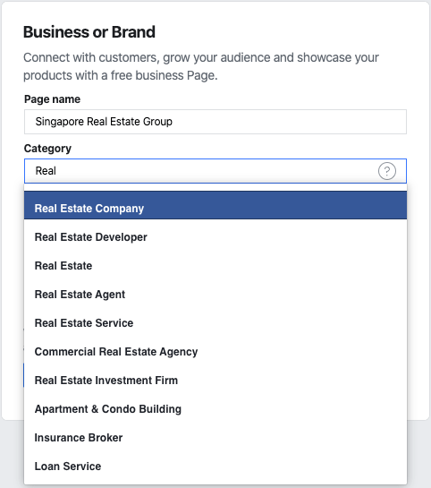 Choose a category for your Facebook Business Page