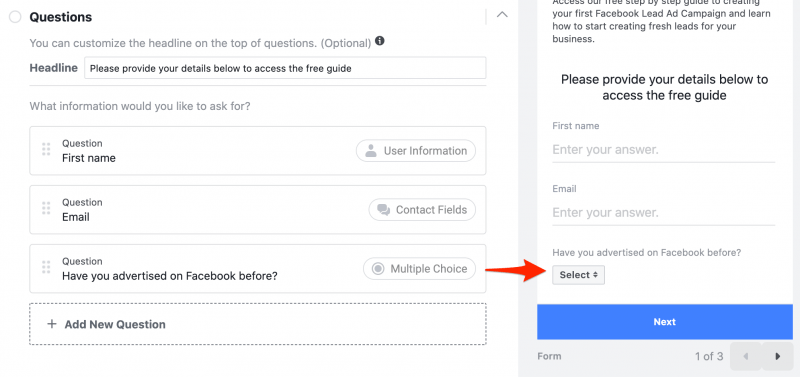 Customise your Facebook lead form questions