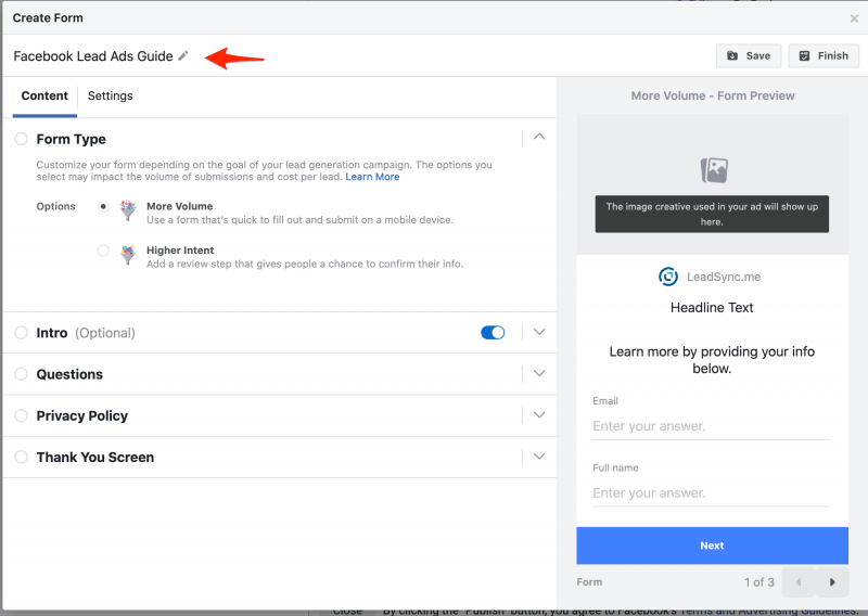 Create aFacebook Lead Form