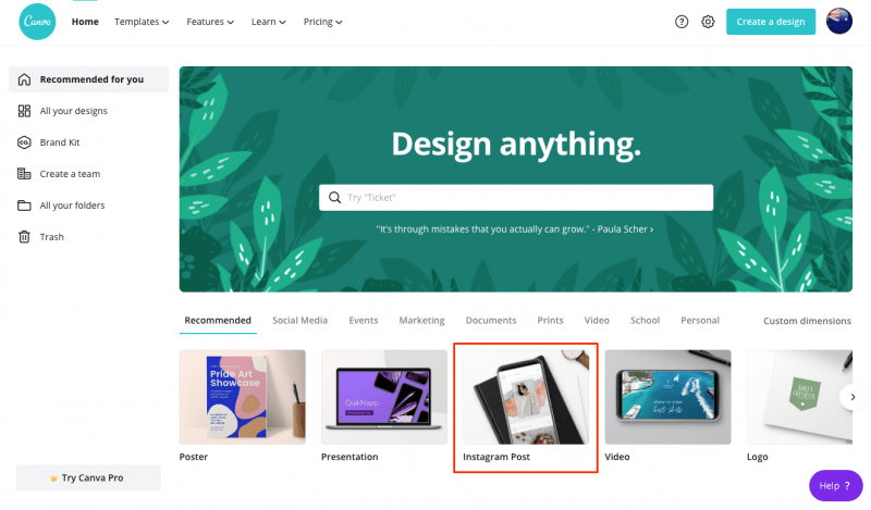 Select the Instagram template from Canva