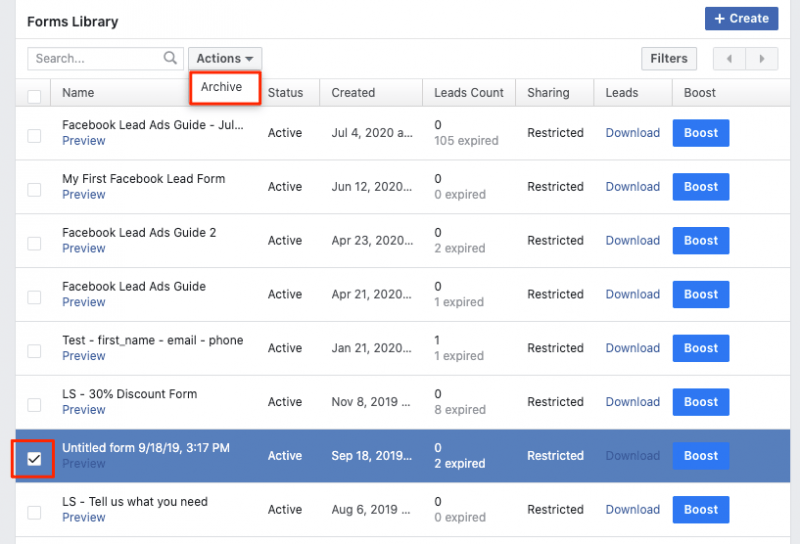 Archive Facebook Lead Forms