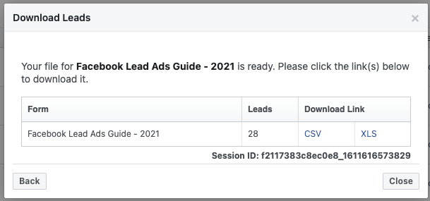 Download Facebook leads as a CSV or XML file.