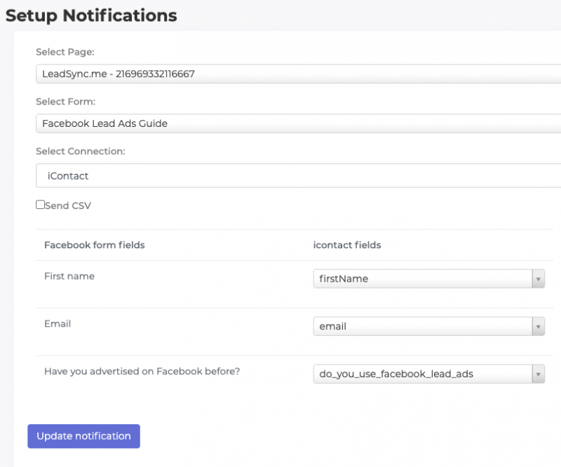 Map Facebook Lead Ad Fields to iContact