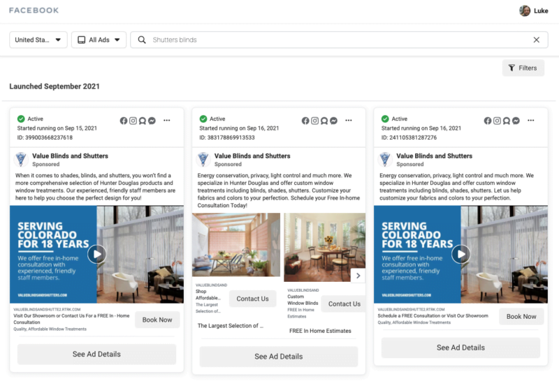 Shutters & Blinds Facebook Ad Examples