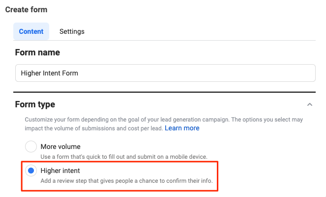 Higher Intent Facebook Lead Ad Form Option
