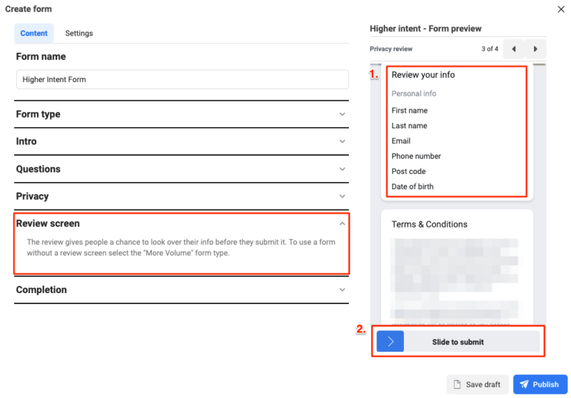 Higher Intent Facebook Lead Ad review page and slide to submit.