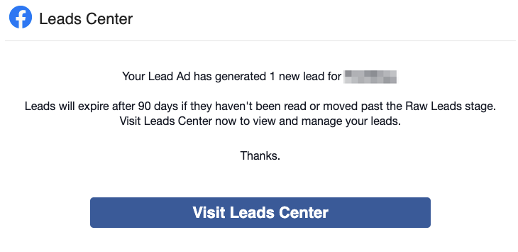 Facebook lead center email notification