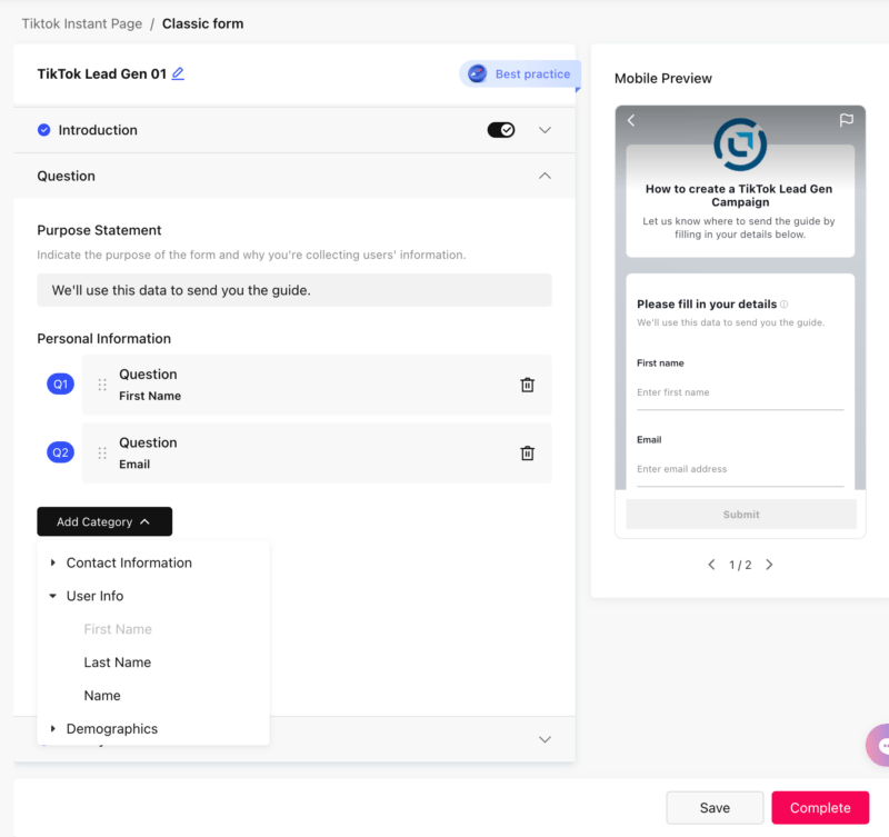 Tiktok Lead form questions