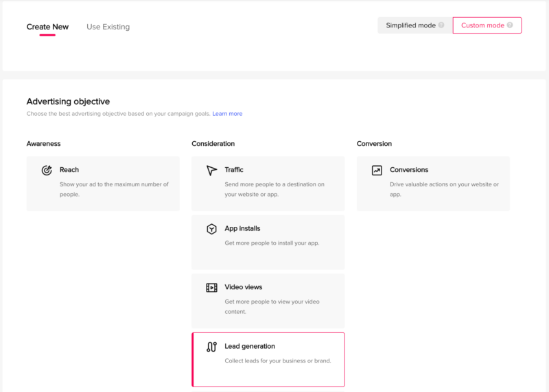 TikTok lead generation advertising objective.