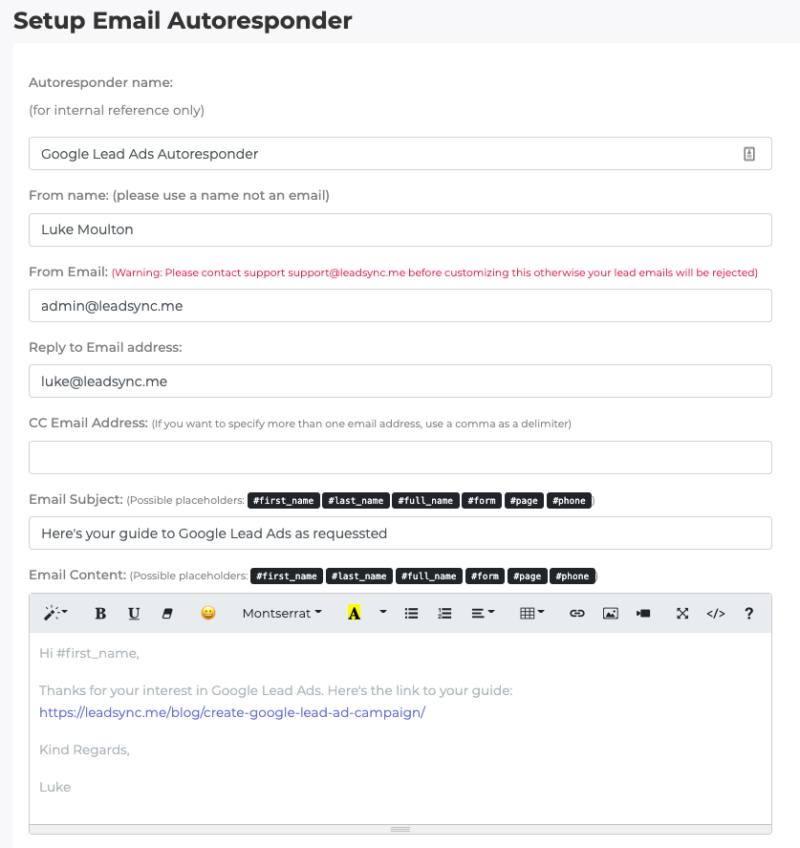 Setup your Google Lead ad email autoresponder

