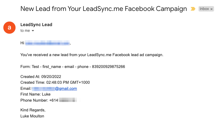 Facebook lead email notification example