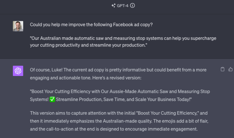 ChatGPT Ad copy optimisation