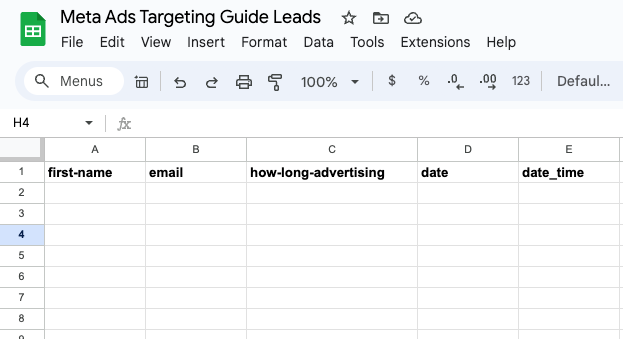 Google Sheet form with first name, email address date and time fields. 