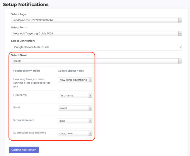 Map Facebook form data to Google Sheets fileds.